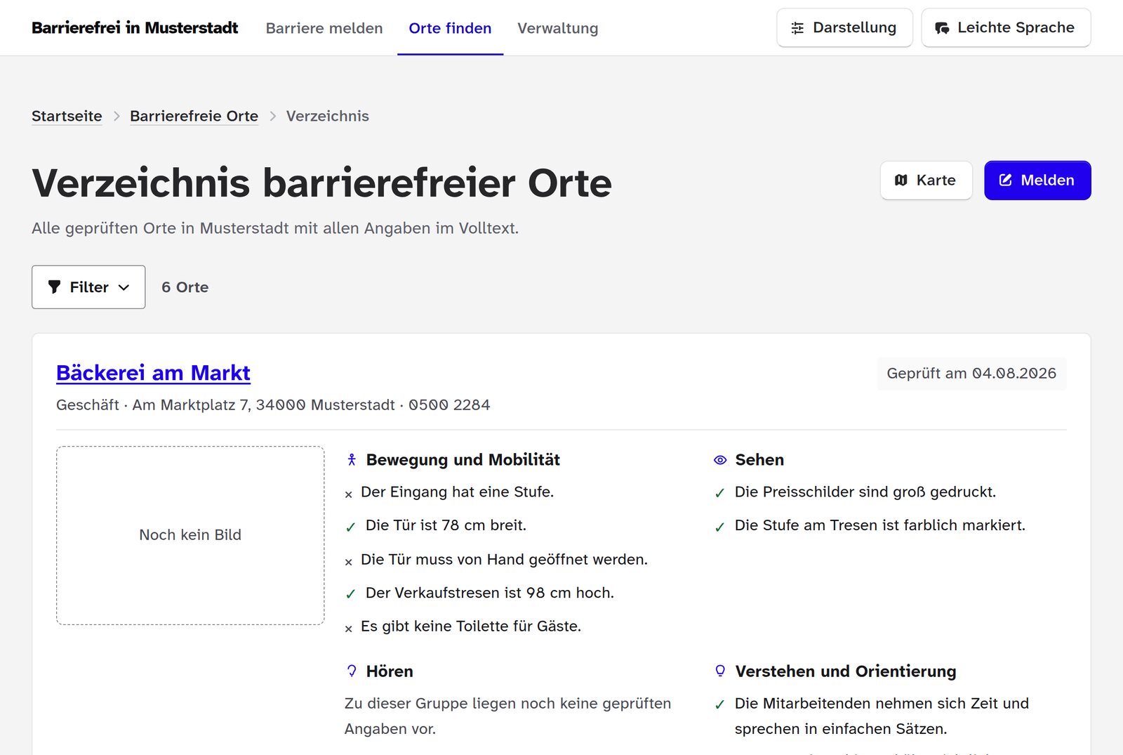 Ansicht des Verzeichnisses: Eintrag Bäckerei am Markt, Geschäft am Marktplatz 7, geprüft am 04.08.2026, mit den Angaben im Volltext zu Bewegung und Mobilität, Sehen, Hören sowie Verstehen und Orientierung. Zum Eingang liegt noch kein Bild vor.